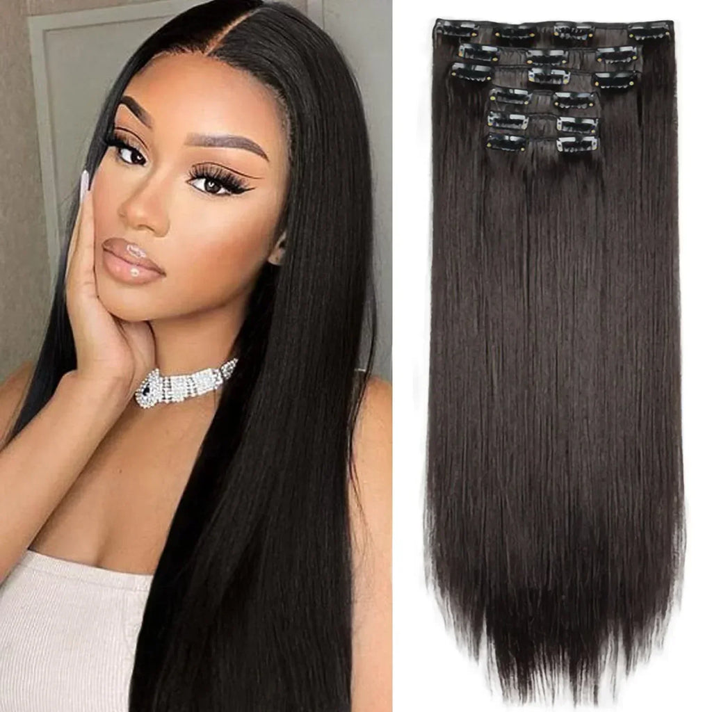Hair Extensions 24"/60cm 6pcs/set Women Long Straight Synthetic Full Head Clip 16 Clips Black, Blonde, Ombre Heat Resistant Fiber Hair
