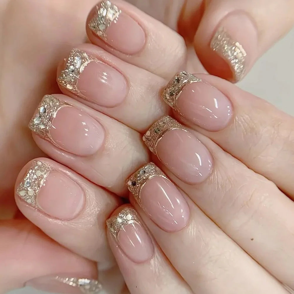 24Pcs Glitter French Press on Nails Short Square Acrylic False Nails with Flower Diamonds & More (14 Options)