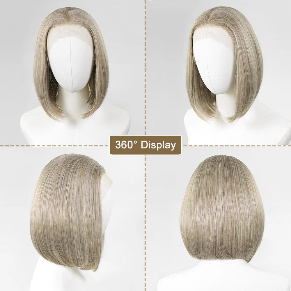 Blonde Highlight Short Bob Wig for Women 13x4 Synthetic Lace Front Wig 12Inch Pre Plucked Natural Hairline Wig Daily Use