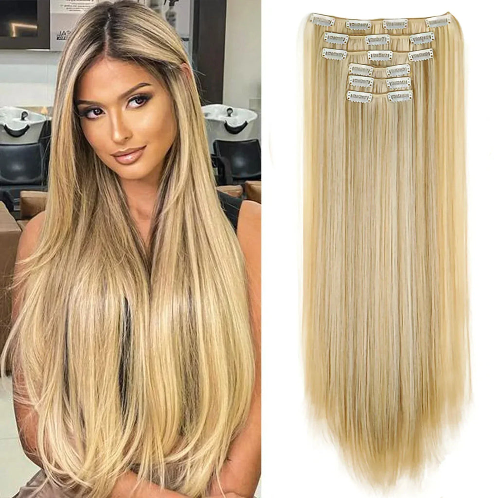 Hair Extensions 24"/60cm 6pcs/set Women Long Straight Synthetic Full Head Clip 16 Clips Black, Blonde, Ombre Heat Resistant Fiber Hair