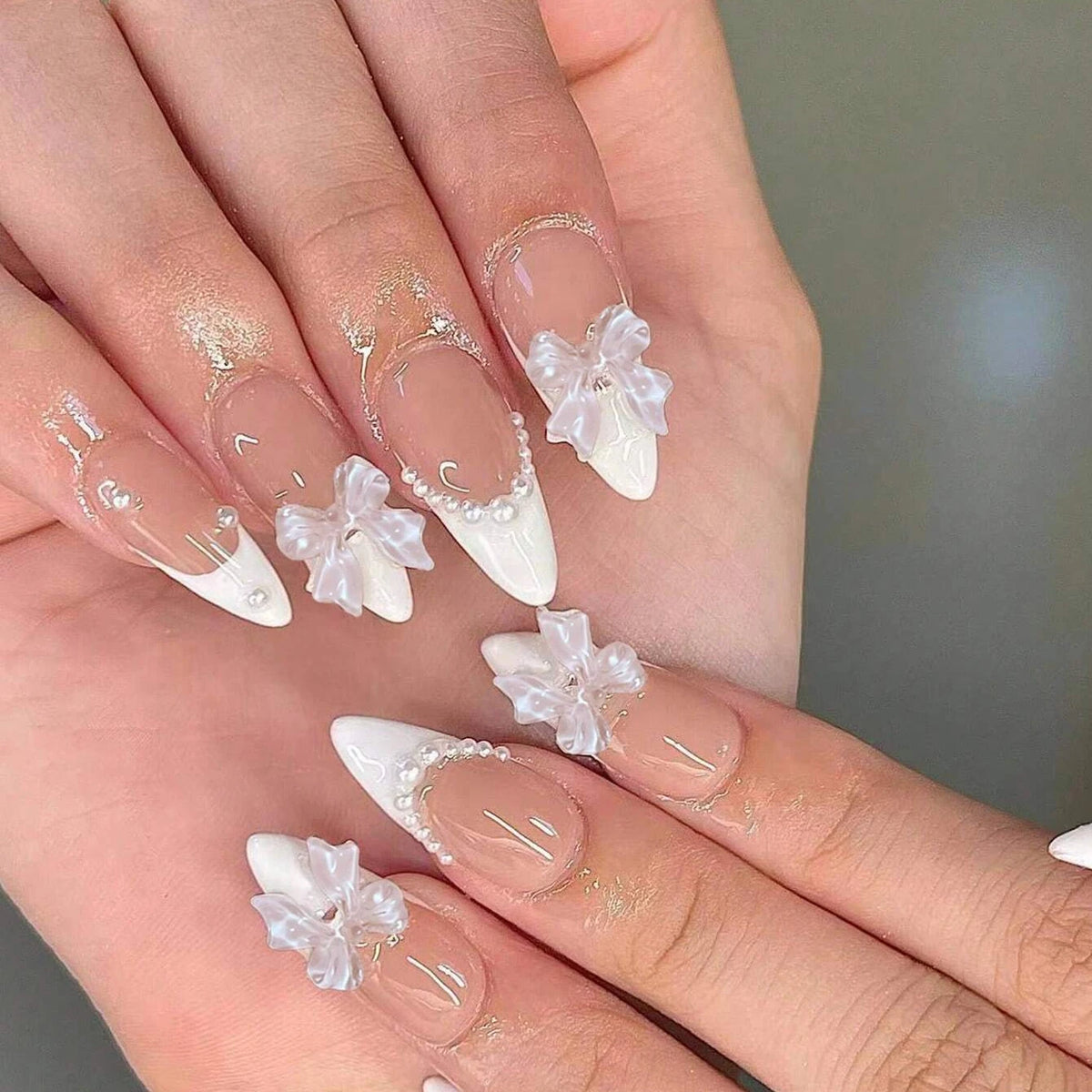 24pcs Medium Square White French Bow Nails  Detachable And Reusable Jelly Glue 1pc Cuticle Pusher (8 Options)