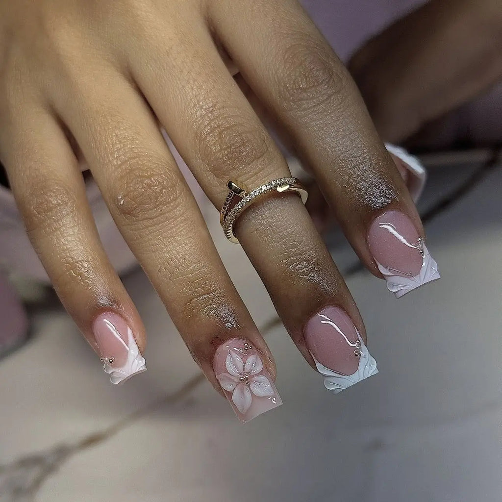 24PCS 3D Glue-on Nails Set French Style Golden Frame Embossed White Flowers Square Shaped Press on Nails (2 Options)
