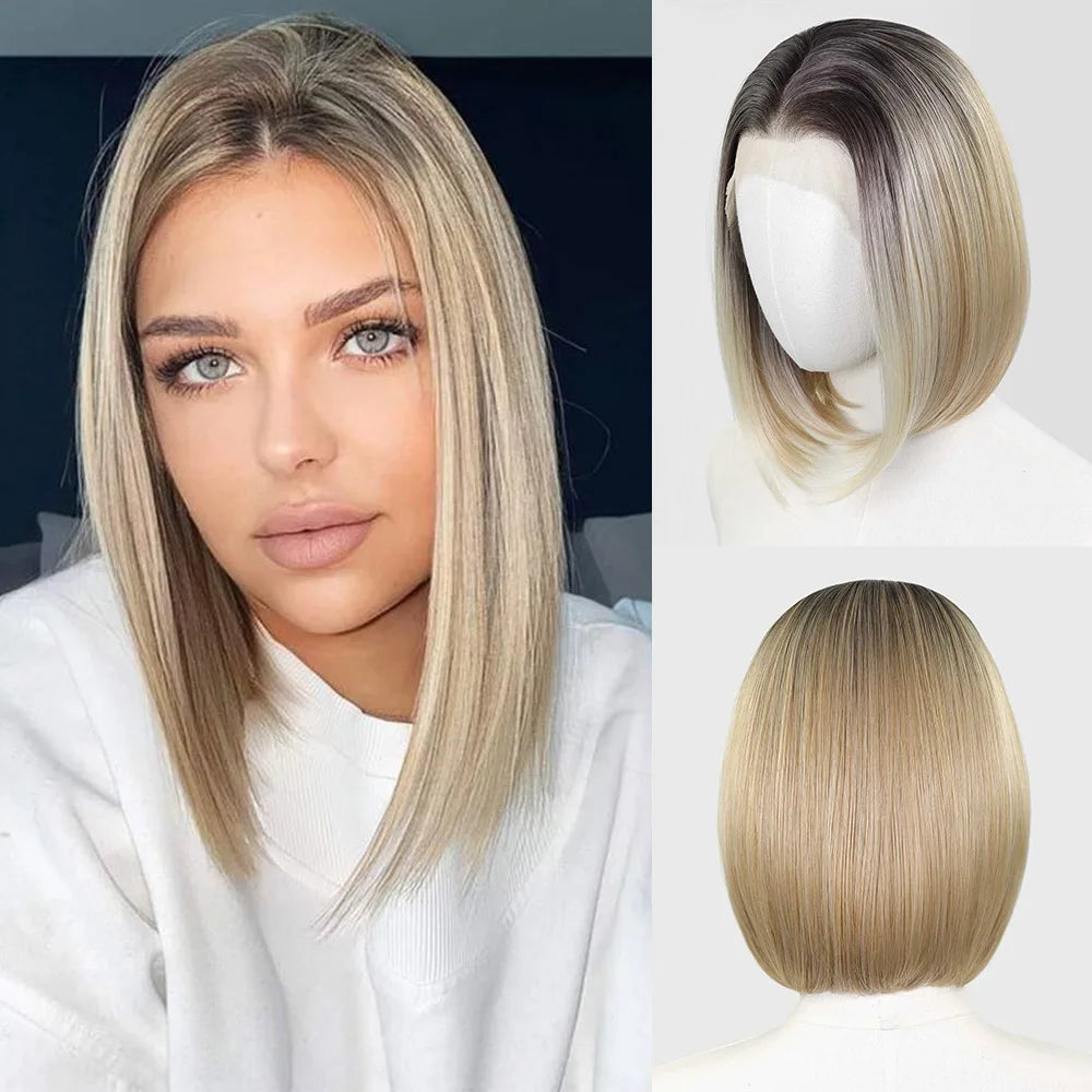 Blonde Highlight Short Bob Wig for Women 13x4 Synthetic Lace Front Wig 12Inch Pre Plucked Natural Hairline Wig Daily Use