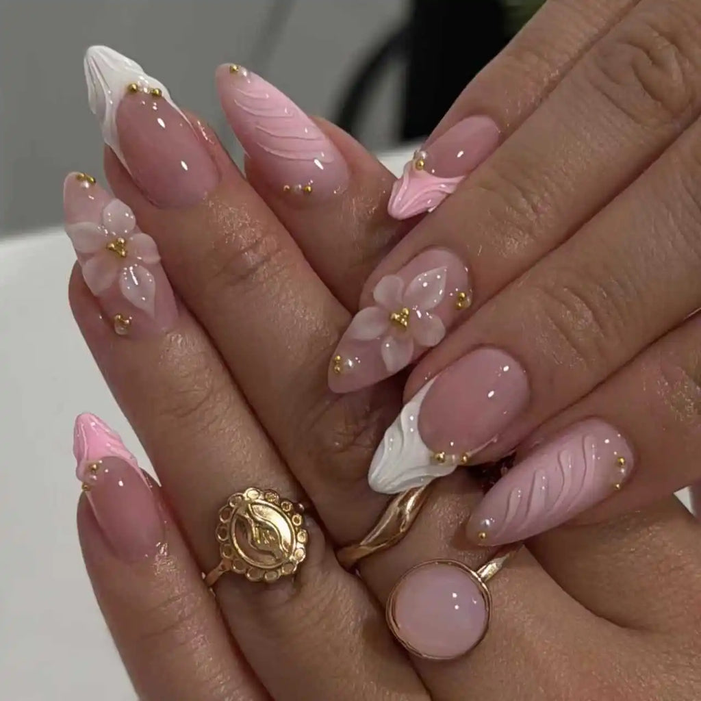 24pcs Pink Flower Almond Press on Nails Kawaii False Nails & More (36 Options) (B)