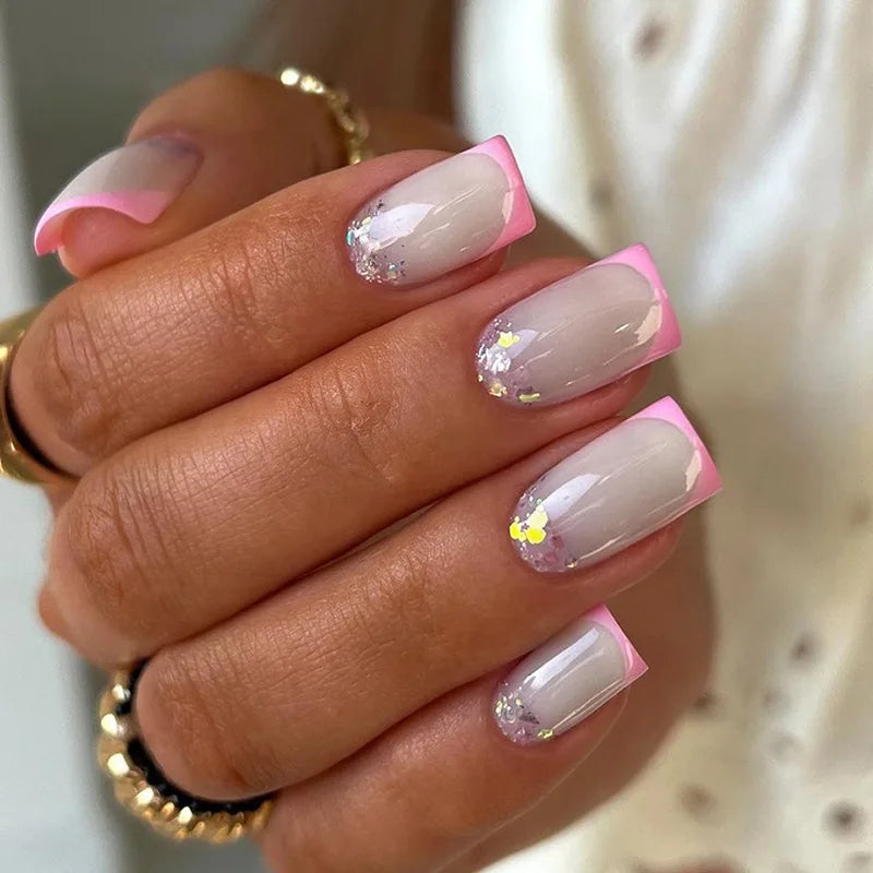 24Pcs Glitter French Press on Nails Short Square Acrylic False Nails with Flower Diamonds & More (14 Options)