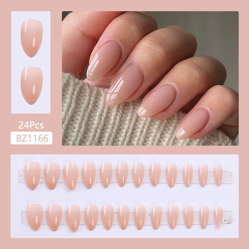 24Pcs Fashion French Style False Nails With Jelly Nail Glue Simple Removable Wearable Artificial Press On Nail Tip (5 Options) (B)