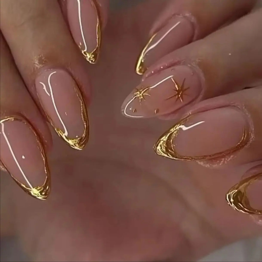 Hot Stamped Metal Gold Star Almond Fake Nails (4 Options)