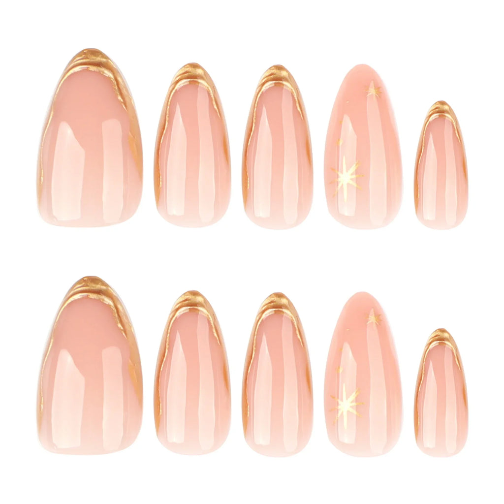 Hot Stamped Metal Gold Star Almond Fake Nails (4 Options)