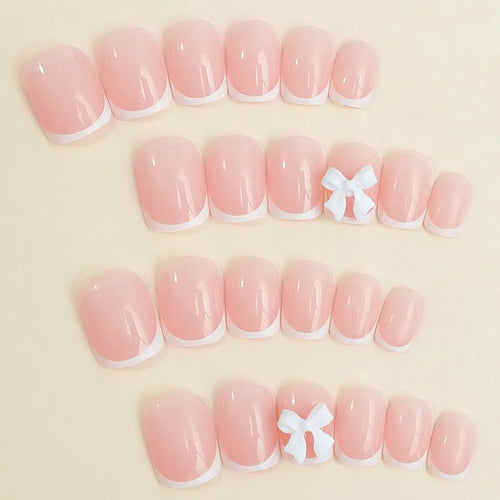 24pcs Medium Square White French Bow Nails  Detachable And Reusable Jelly Glue 1pc Cuticle Pusher (8 Options)