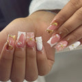 24Pcs Glitter French Press on Nails Short Square Acrylic False Nails with Flower Diamonds & More (14 Options)
