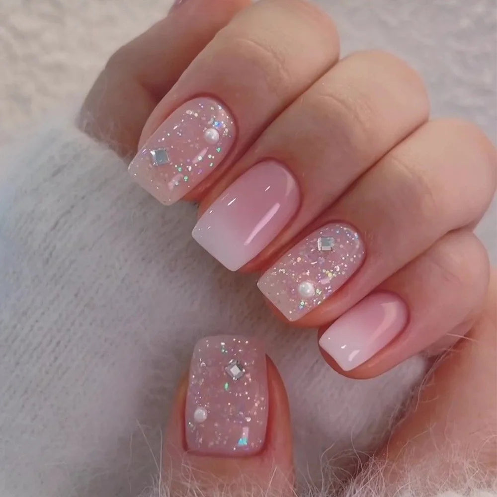 24pcs Short Ballet Press on Nails Gradient False Nails Wearable Stick-on Nails