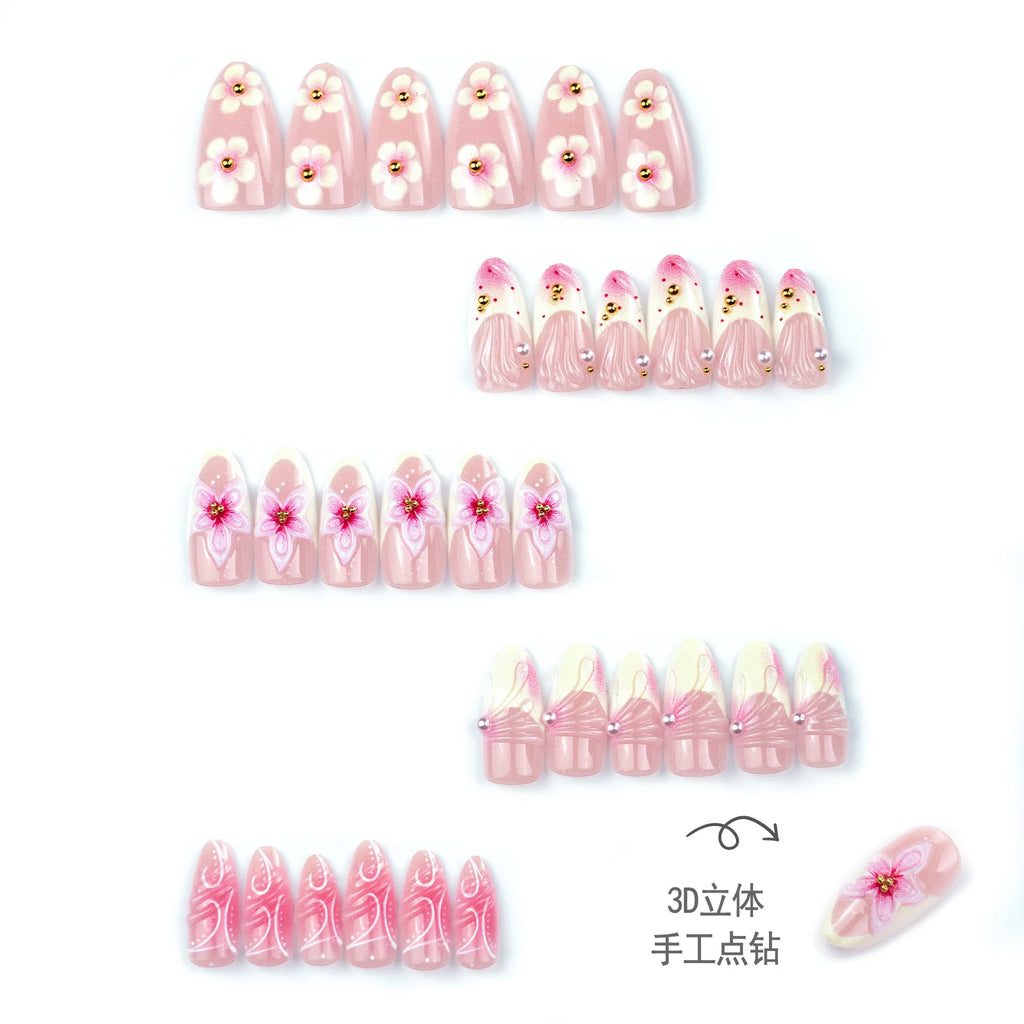 24PCS Press on Nails Pink 3D Pink Flower Marble Wave Print with Gold Bead Fake Nails Elegant (6 Options)
