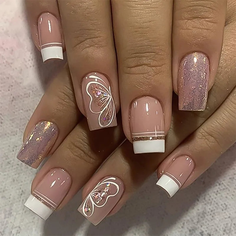 24Pcs Glitter French Press on Nails Short Square Acrylic False Nails with Flower Diamonds & More (14 Options)