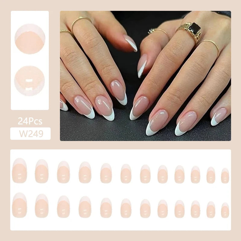 24Pcs Fashion French Style False Nails With Jelly Nail Glue Simple Removable Wearable Artificial Press On Nail Tip (5 Options) (B)