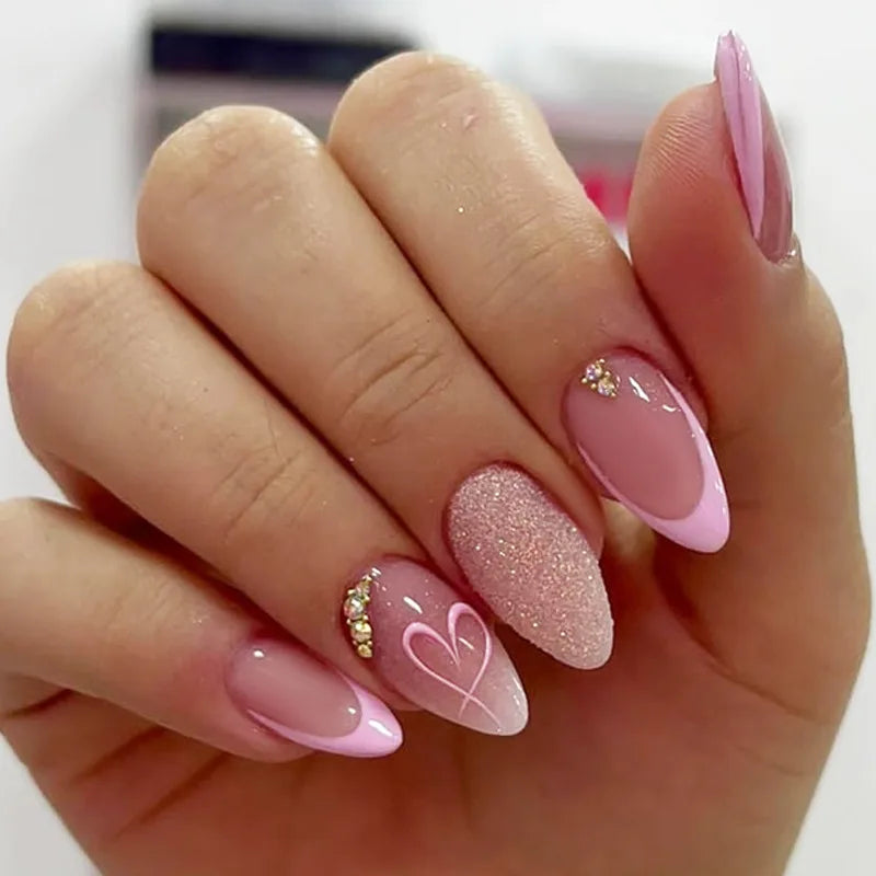 24pcs Pink Flower Almond Press on Nails Kawaii False Nails & More (36 Options) (B)