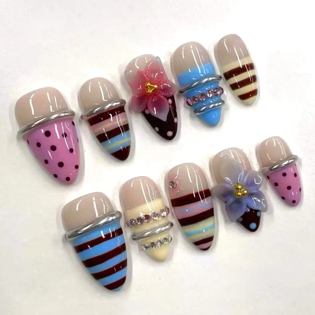 24pcs Pink Flower Almond Press on Nails Kawaii False Nails & More (36 Options) (B)