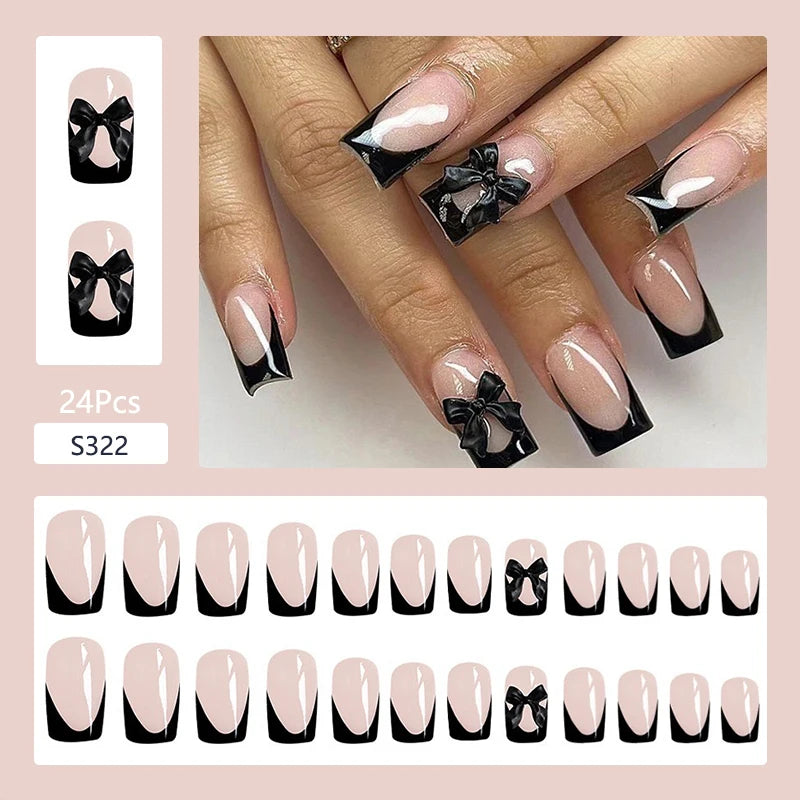 24Pcs Fashion French Style False Nails With Jelly Nail Glue Simple Removable Wearable Artificial Press On Nail Tip (5 Options) (B)