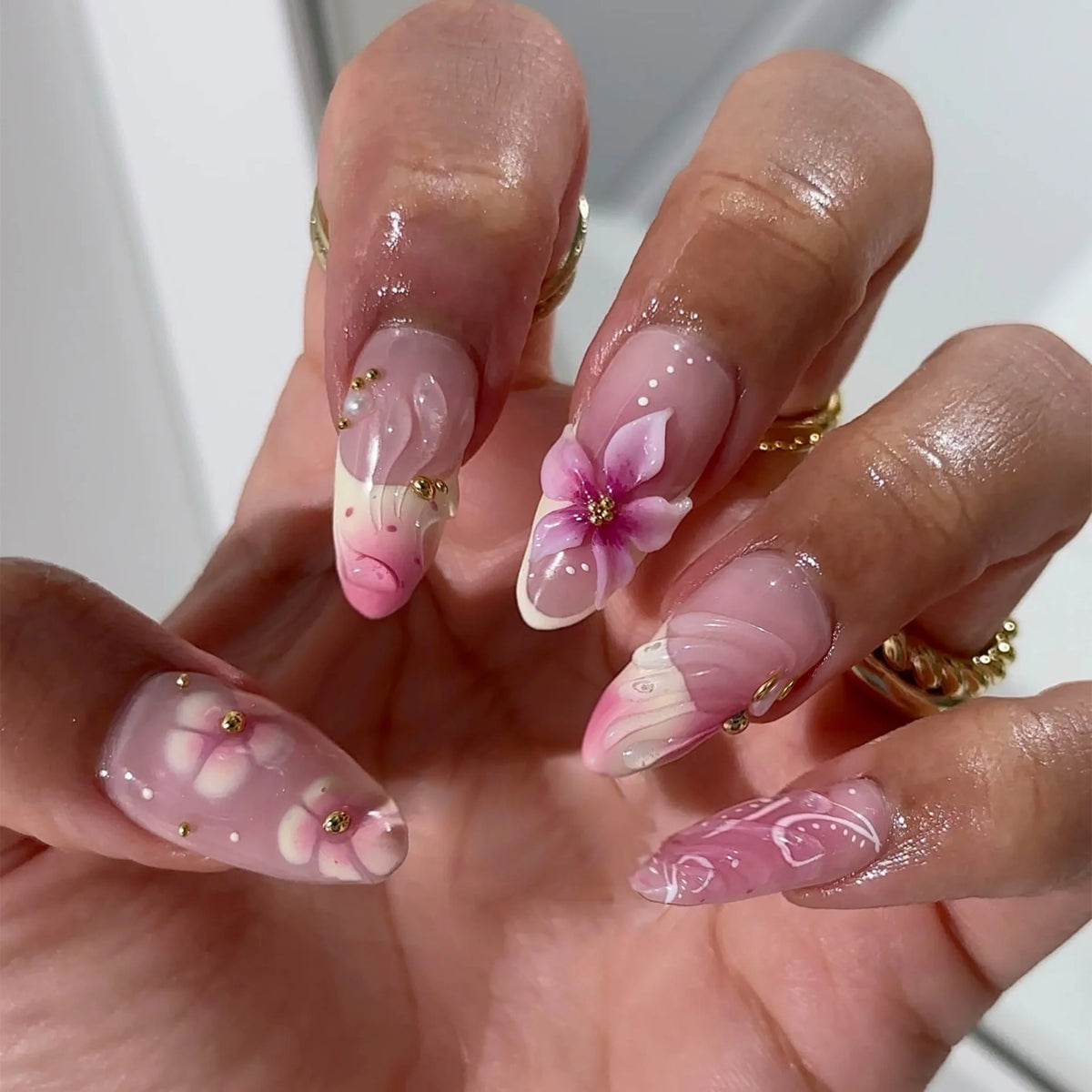 24PCS Press on Nails Pink 3D Pink Flower Marble Wave Print with Gold Bead Fake Nails Elegant (6 Options)