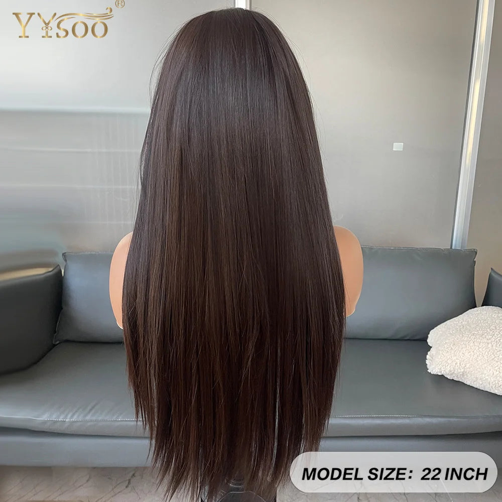 6Inch Deep Part Long 4# Brown 13x6 Silky Straight Futura Synthetic Lace Front Wig Glueless Half Hand Tied Wigs for Black Women