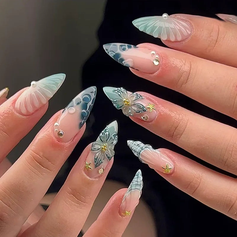 24pcs Pink Flower Almond Press on Nails Kawaii False Nails & More (36 Options) (B)