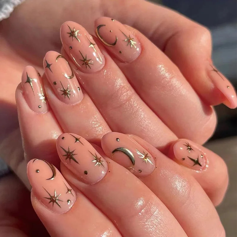 Hot Stamped Metal Gold Star Almond Fake Nails (4 Options)