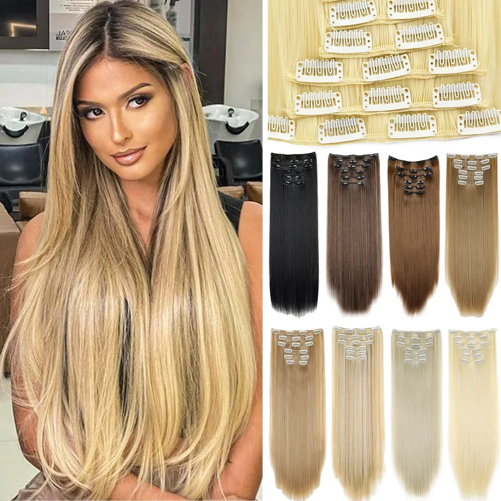 Hair Extensions 24"/60cm 6pcs/set Women Long Straight Synthetic Full Head Clip 16 Clips Black, Blonde, Ombre Heat Resistant Fiber Hair