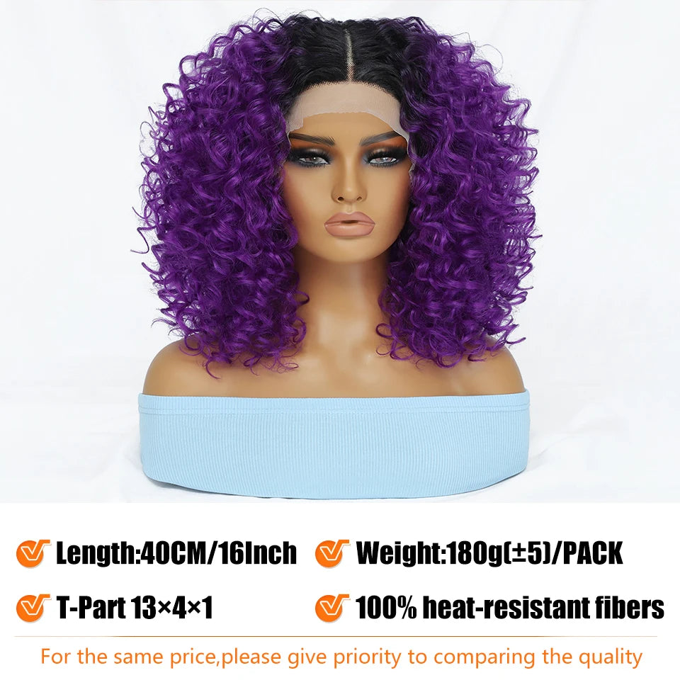 16" Kinky Curly Synthetic Lace Front Wig Black Blonde Ginger Purple Heat Resistant Wig Natural Hair Style