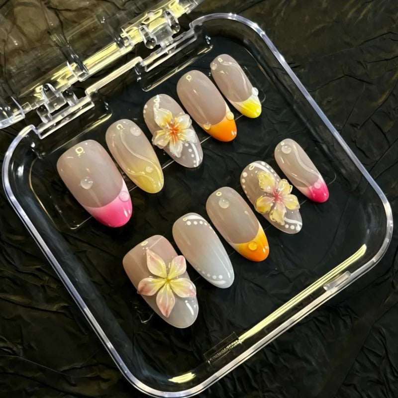 24PCS Press on Nails Pink 3D Pink Flower Marble Wave Print with Gold Bead Fake Nails Elegant (6 Options)