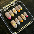 24PCS Press on Nails Pink 3D Pink Flower Marble Wave Print with Gold Bead Fake Nails Elegant (6 Options)