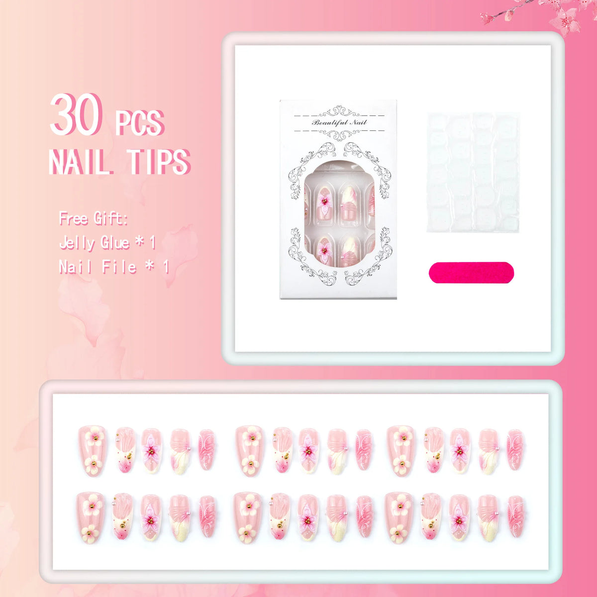 24PCS Press on Nails Pink 3D Pink Flower Marble Wave Print with Gold Bead Fake Nails Elegant (6 Options)
