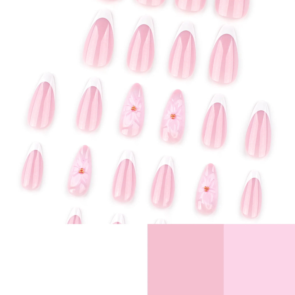 24PCS French Almond Press on Nails Floral Design Gold Bead Decor Glitter & More (8 Options)