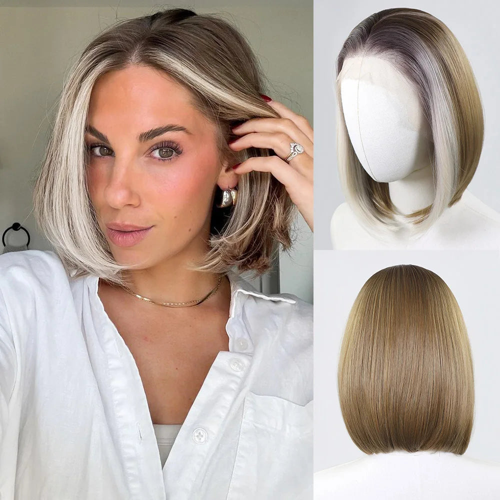 Blonde Highlight Short Bob Wig for Women 13x4 Synthetic Lace Front Wig 12Inch Pre Plucked Natural Hairline Wig Daily Use