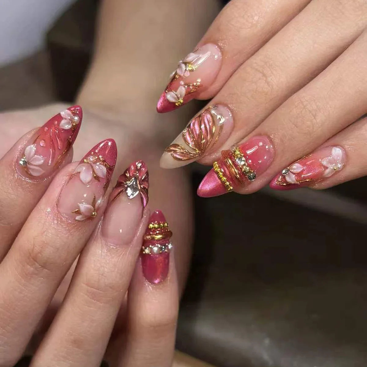 24pcs Pink Flower Almond Press on Nails Kawaii False Nails & More (36 Options) (B)