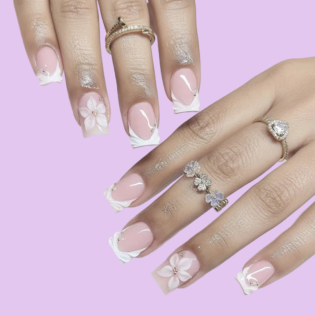24PCS 3D Glue-on Nails Set French Style Golden Frame Embossed White Flowers Square Shaped Press on Nails (2 Options)