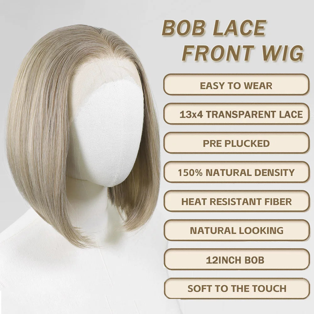 Blonde Highlight Short Bob Wig for Women 13x4 Synthetic Lace Front Wig 12Inch Pre Plucked Natural Hairline Wig Daily Use
