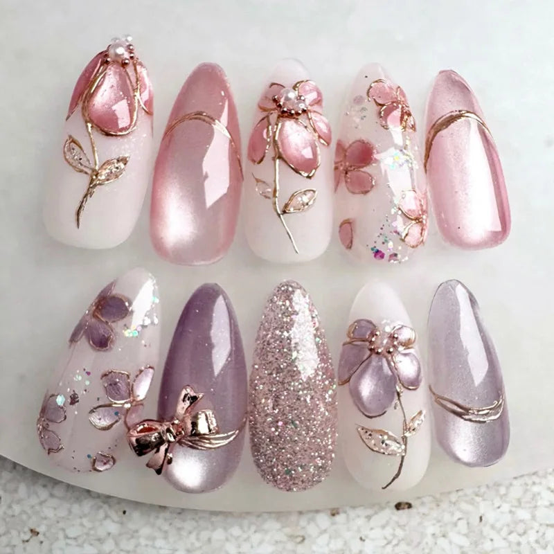24pcs French Flower Pearl Press on Nails & More (25 Options) (B)