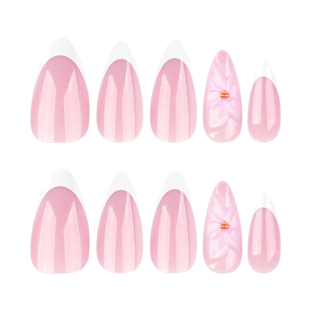 24PCS French Almond Press on Nails Floral Design Gold Bead Decor Glitter & More (8 Options)