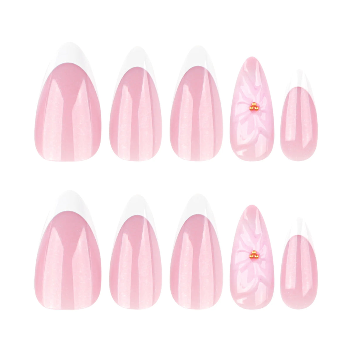 24PCS French Almond Press on Nails Floral Design Gold Bead Decor Glitter & More (8 Options)