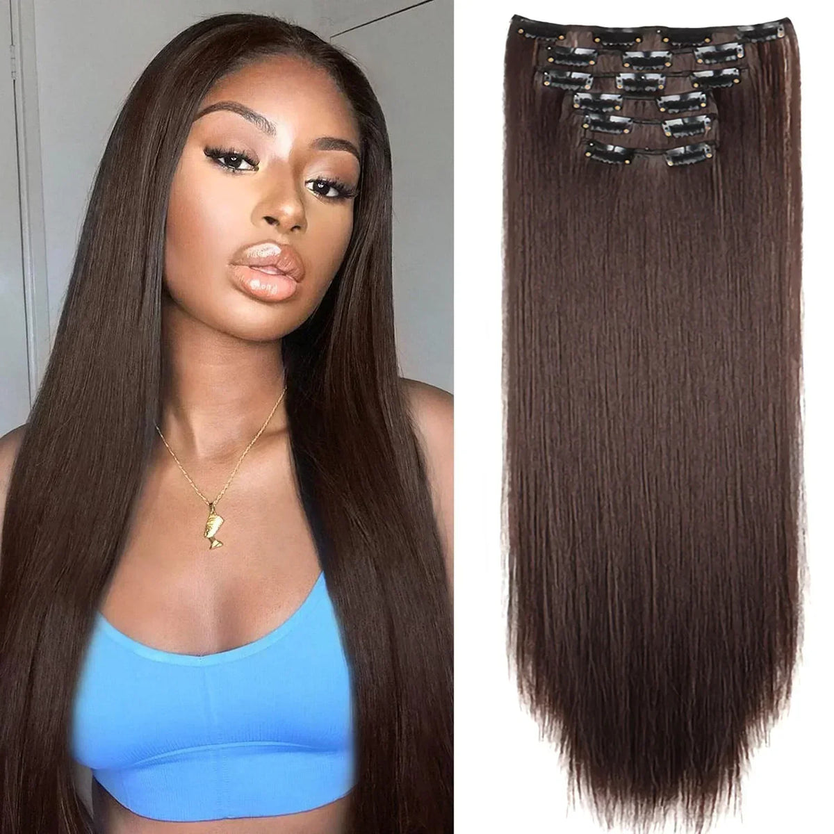 Hair Extensions 24"/60cm 6pcs/set Women Long Straight Synthetic Full Head Clip 16 Clips Black, Blonde, Ombre Heat Resistant Fiber Hair