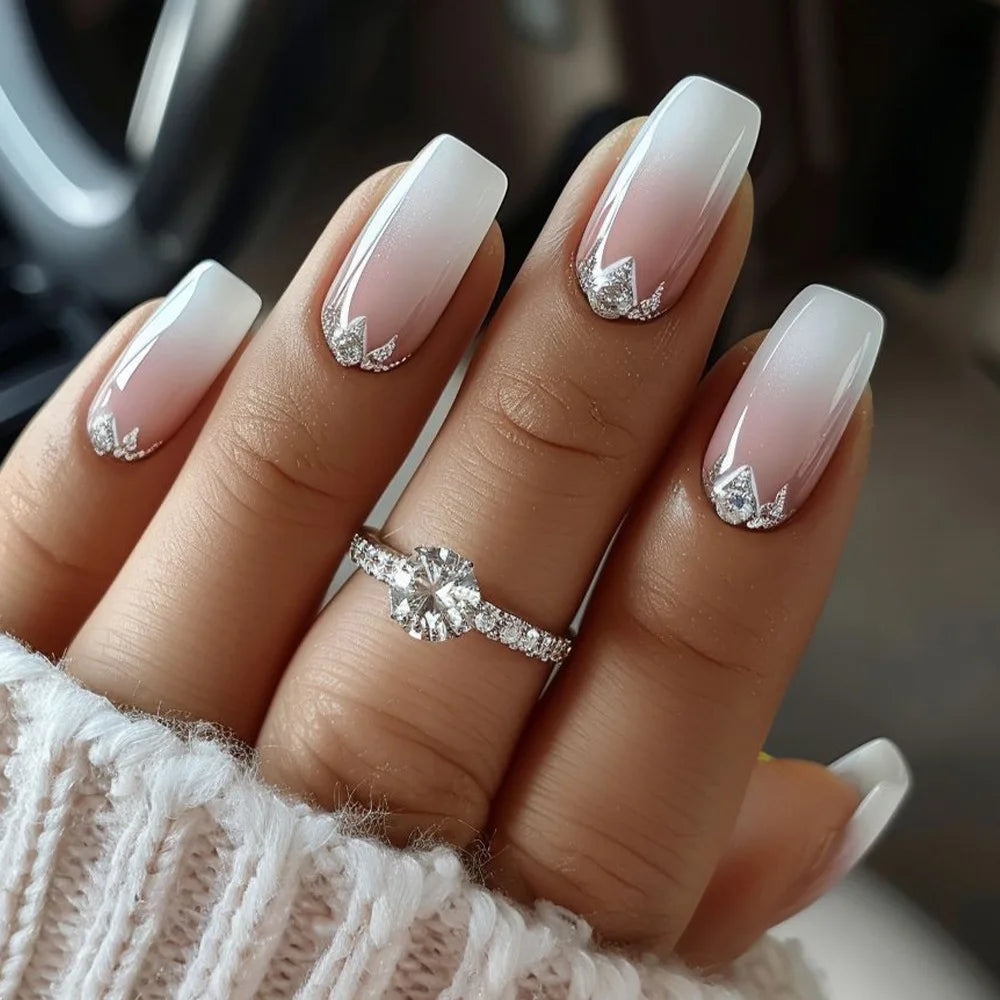 24Pcs Glitter French Press on Nails Short Square Acrylic False Nails with Flower Diamonds & More (14 Options)