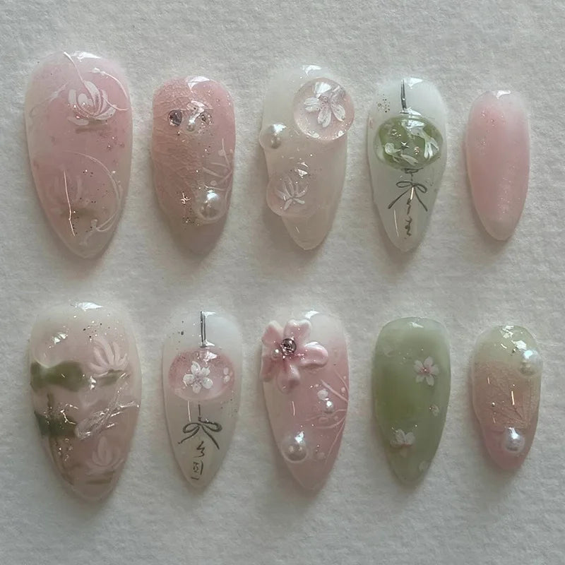 24pcs Pink Flower Almond Press on Nails Kawaii False Nails & More (36 Options) (B)