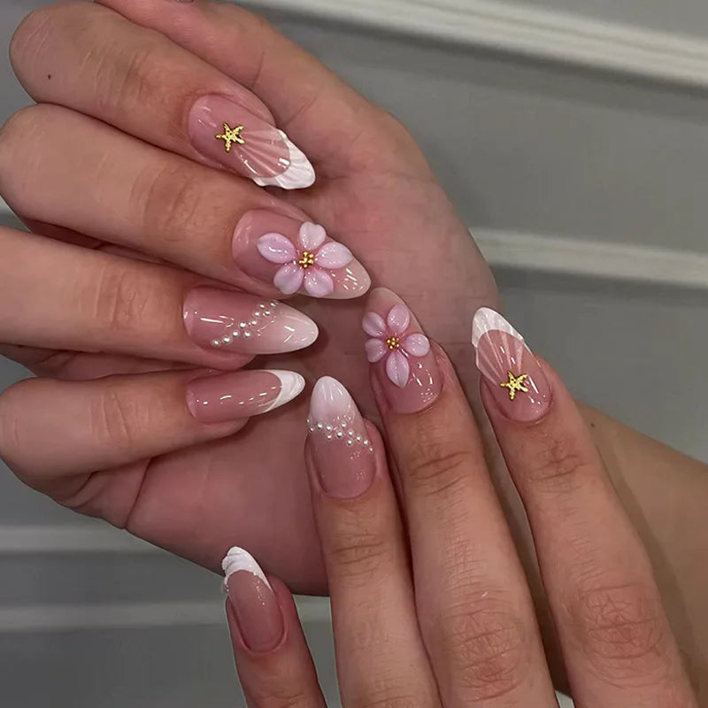 24pcs Pink Flower Almond Press on Nails Kawaii False Nails & More (36 Options) (B)