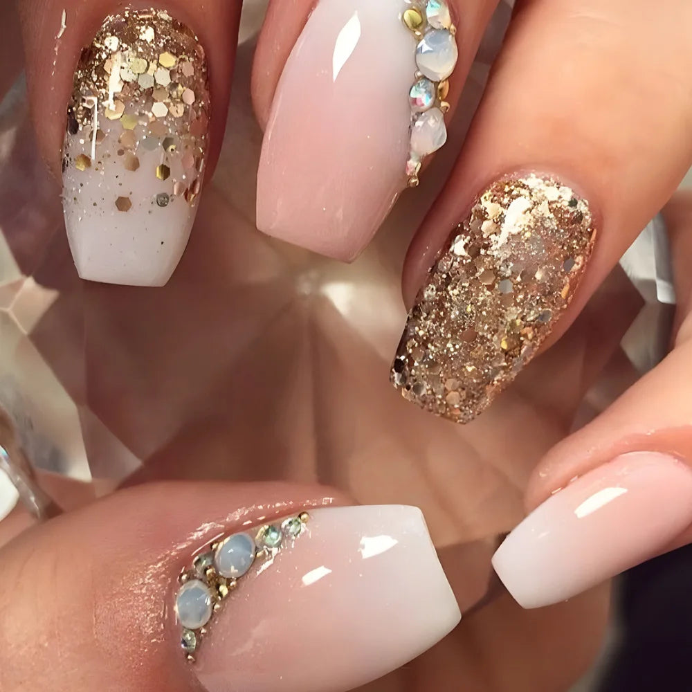 24Pcs Glitter French Press on Nails Short Square Acrylic False Nails with Flower Diamonds & More (14 Options)