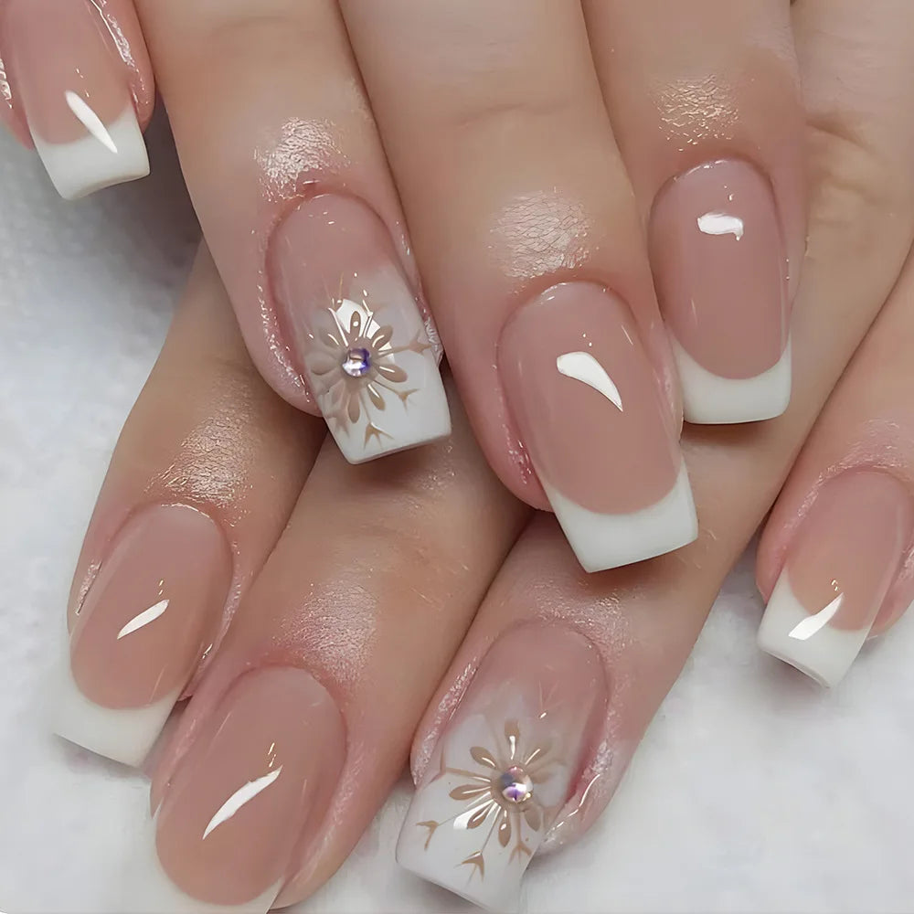 24Pcs Glitter French Press on Nails Short Square Acrylic False Nails with Flower Diamonds & More (14 Options)