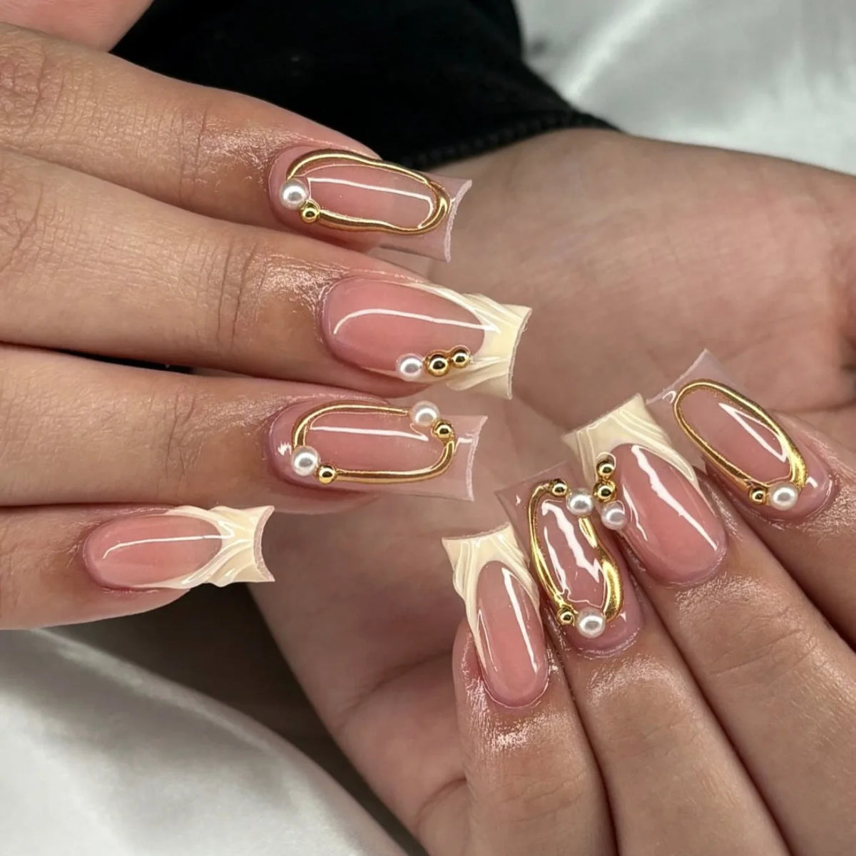 24PCS 3D Glue-on Nails Set French Style Golden Frame Embossed White Flowers Square Shaped Press on Nails (2 Options)