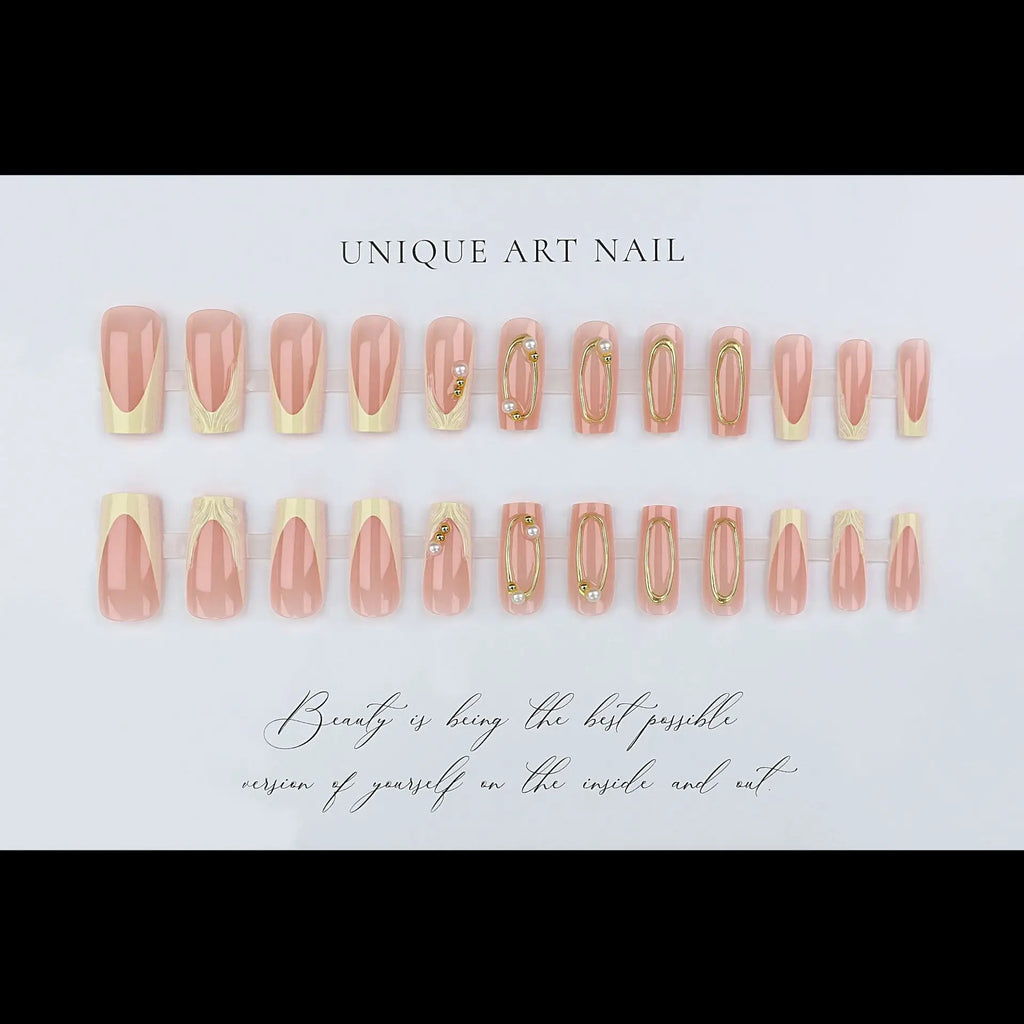 24PCS 3D Glue-on Nails Set French Style Golden Frame Embossed White Flowers Square Shaped Press on Nails (2 Options)