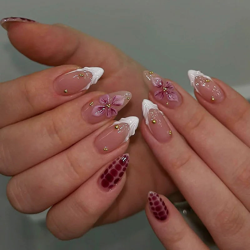 24pcs Pink Flower Almond Press on Nails Kawaii False Nails & More (36 Options) (B)