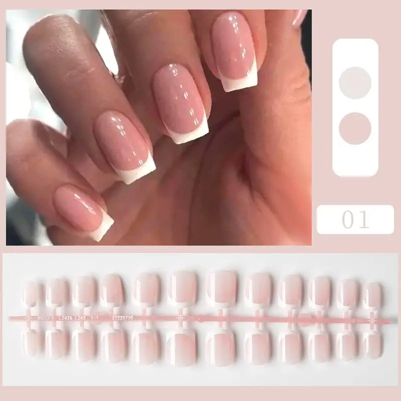 24Pcs Fashion French Style False Nails With Jelly Nail Glue Simple Removable Wearable Artificial Press On Nail Tip (5 Options) (B)
