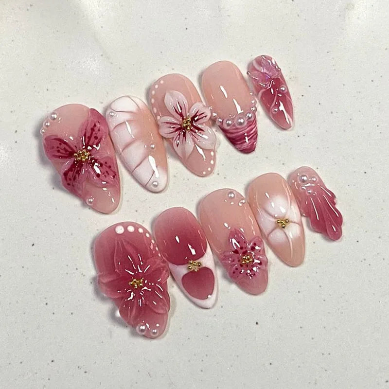 24pcs Pink Flower Almond Press on Nails Kawaii False Nails & More (36 Options) (B)