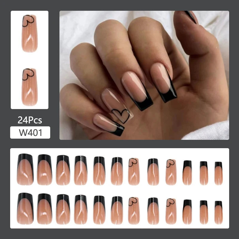 24Pcs Fashion French Style False Nails With Jelly Nail Glue Simple Removable Wearable Artificial Press On Nail Tip (5 Options) (B)
